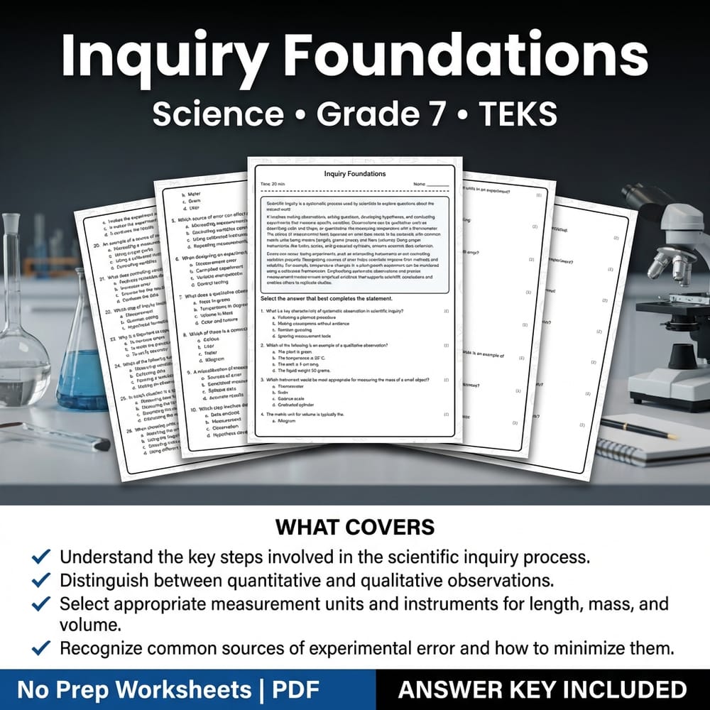 Grade 7 Science worksheet worksheet — Grade 7 Science Inquiry Foundations Worksheet with Answer Key | TEKS — page 1