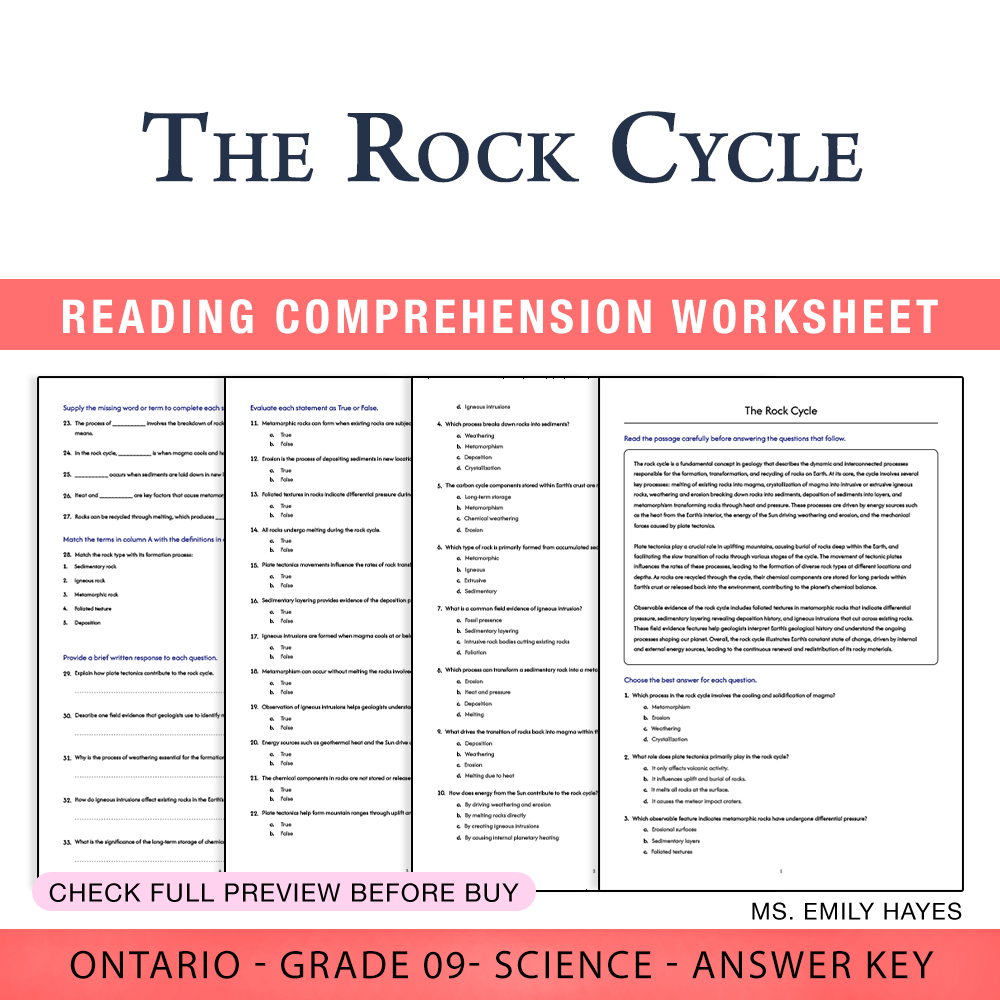 Grade 9 Science worksheet worksheet — Grade 9 Science | The Rock Cycle Worksheet (PDF + Answer Key) — page 1