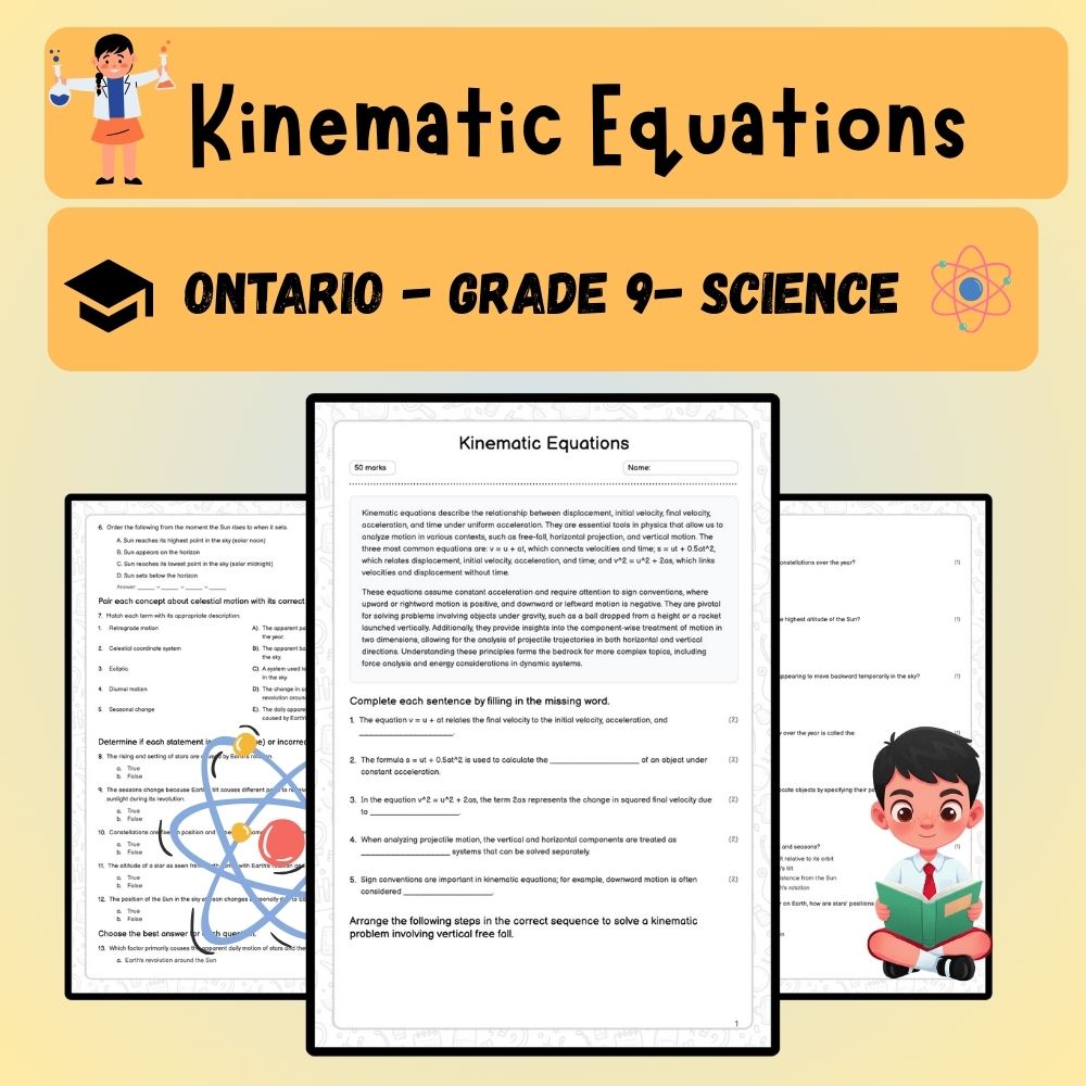 Grade 9 Science worksheet worksheet — Grade 9 Science | Kinematic Equations Worksheet (PDF) | Ontario Standards — page 1