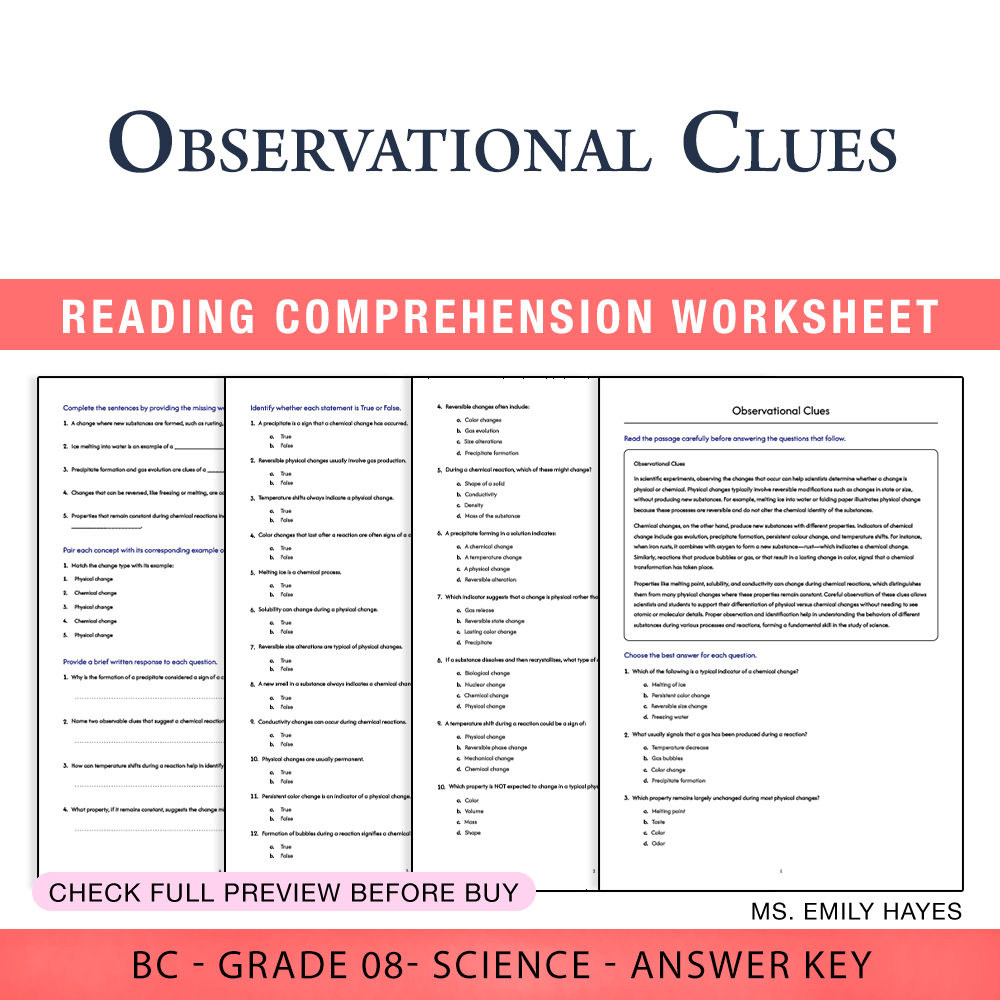 Grade 8 Science — worksheet — Grade 8 Science | Observational Clues Worksheet (PDF+ Answer Key) — page 1
