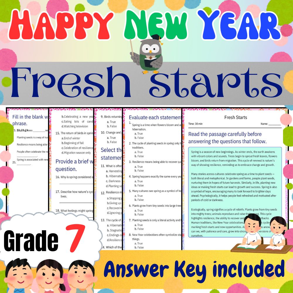 Grade 7 Seasonal | Fresh Starts New Year Worksheet for Mastery |PDF + Answer Key
