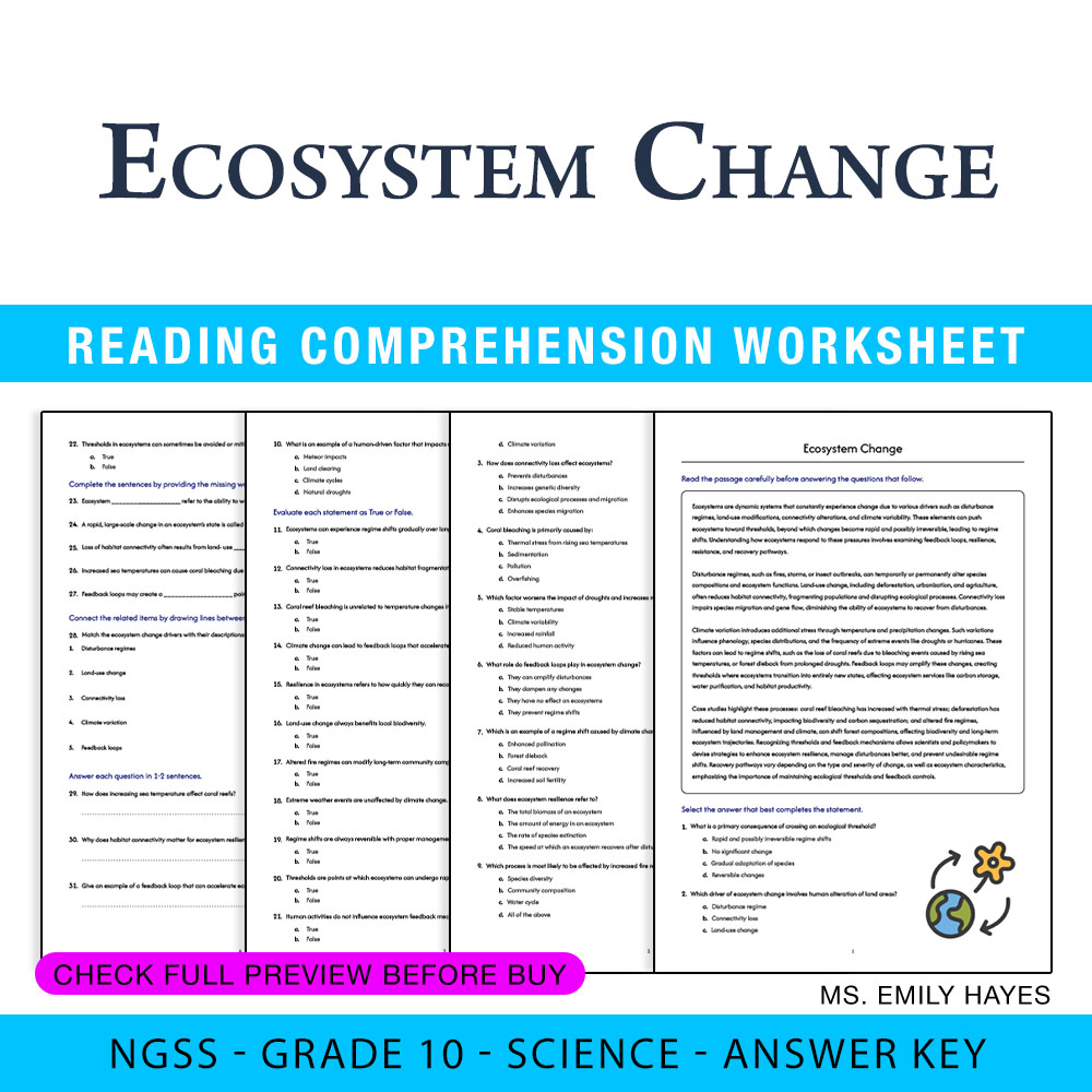 11th Grade Science | Ecosystem Change Worksheet (PDF+ Answer Key)