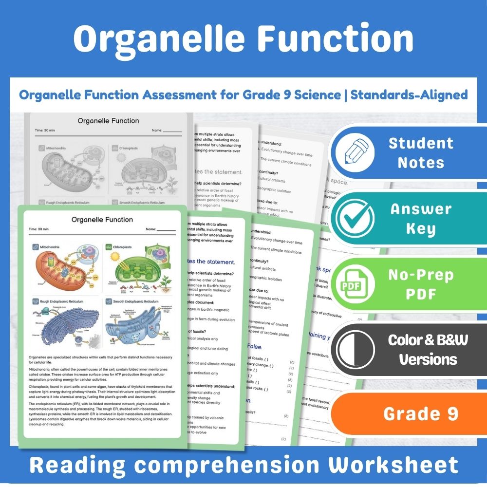 Grade 9 Science assessment worksheet — Organelle Function Assessment for Grade 9 Science | Standards-Aligned — page 1