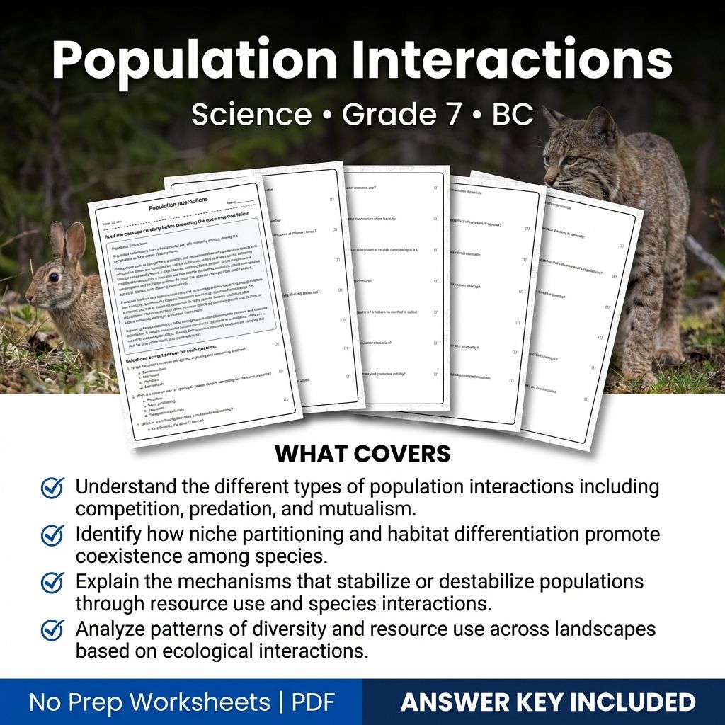 Grade 7 Science Worksheet | Population Interactions and Ecosystem Concepts (Printable PDF + Answer Key)