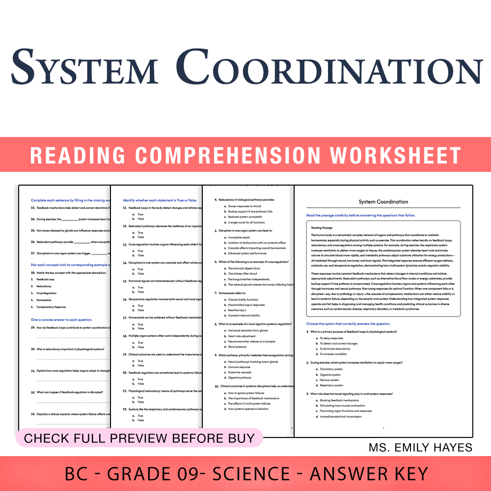 Grade 9 Science worksheet worksheet — Grade 9 Science | System Coordination Worksheet (PDF+ Answer Key) — page 1