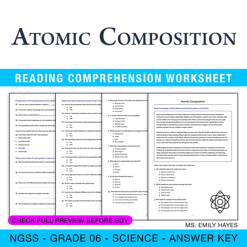 Grade 6 Science worksheet — 6th Grade Science | Atomic Composition Worksheet (PDF + Answer Key) — page 1