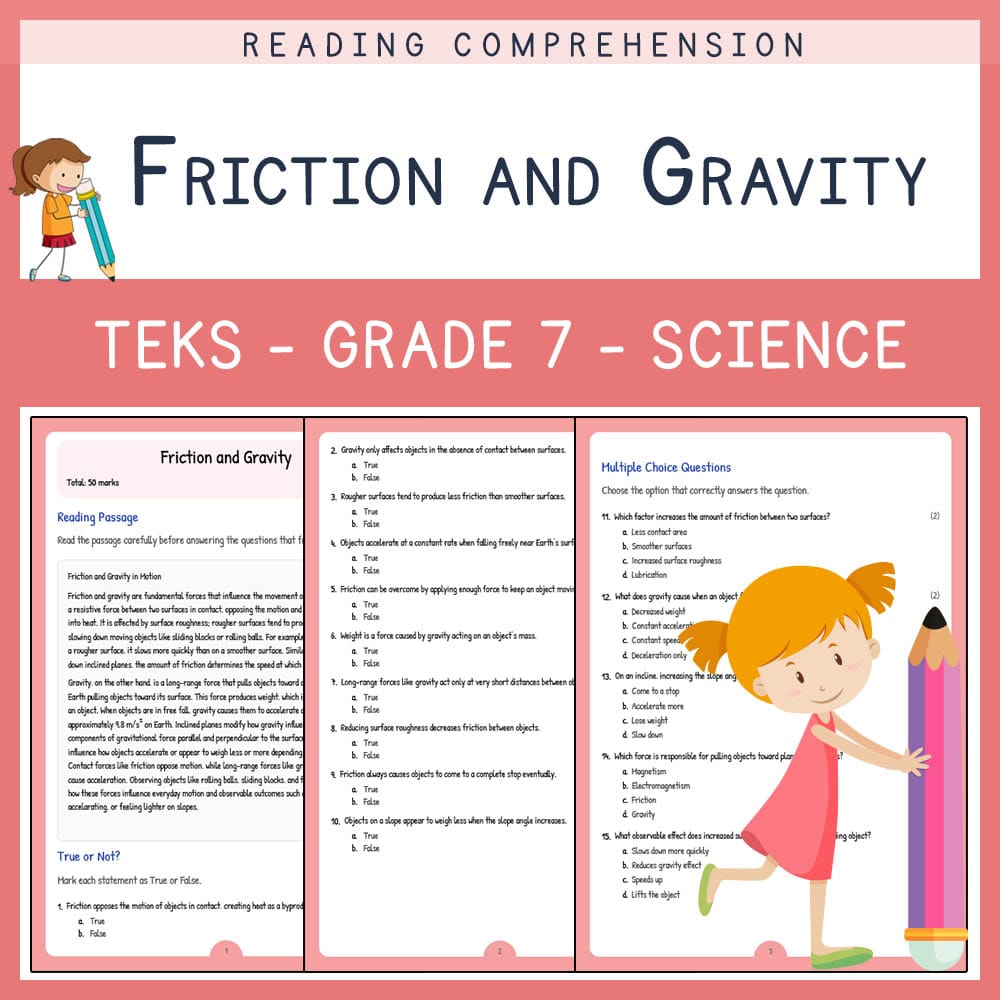 Grade 7 Science worksheet elena worksheet — Grade 7 Science | Friction and Gravity Worksheet | TEKS Aligned — page 1