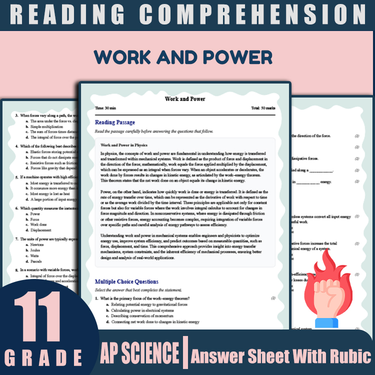 Grade 11 Science reading worksheets worksheet — 11th Grade Science | Work and Power Reading Worksheet (PDF + Rubric) — page 1