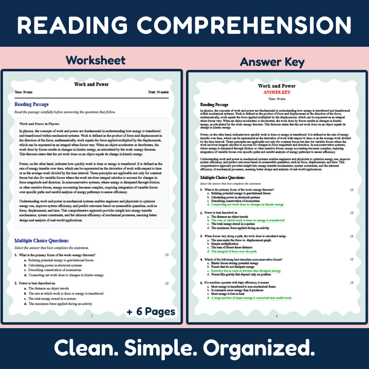 Grade 11 Science reading worksheets worksheet — 11th Grade Science | Work and Power Reading Worksheet (PDF + Rubric) — page 2