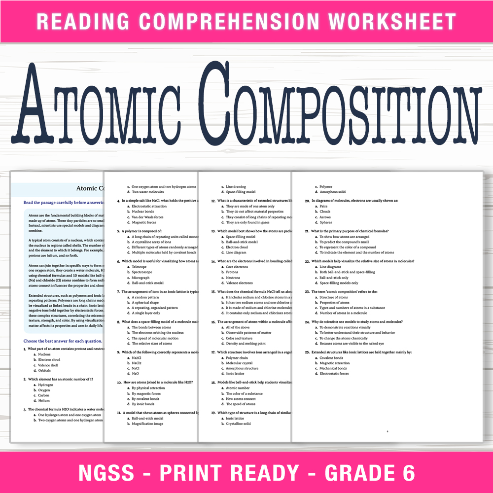 Grade 6 Science worksheet worksheet — 6th Grade Science | Atomic Composition Worksheet (PDF + Answer Key) — page 1