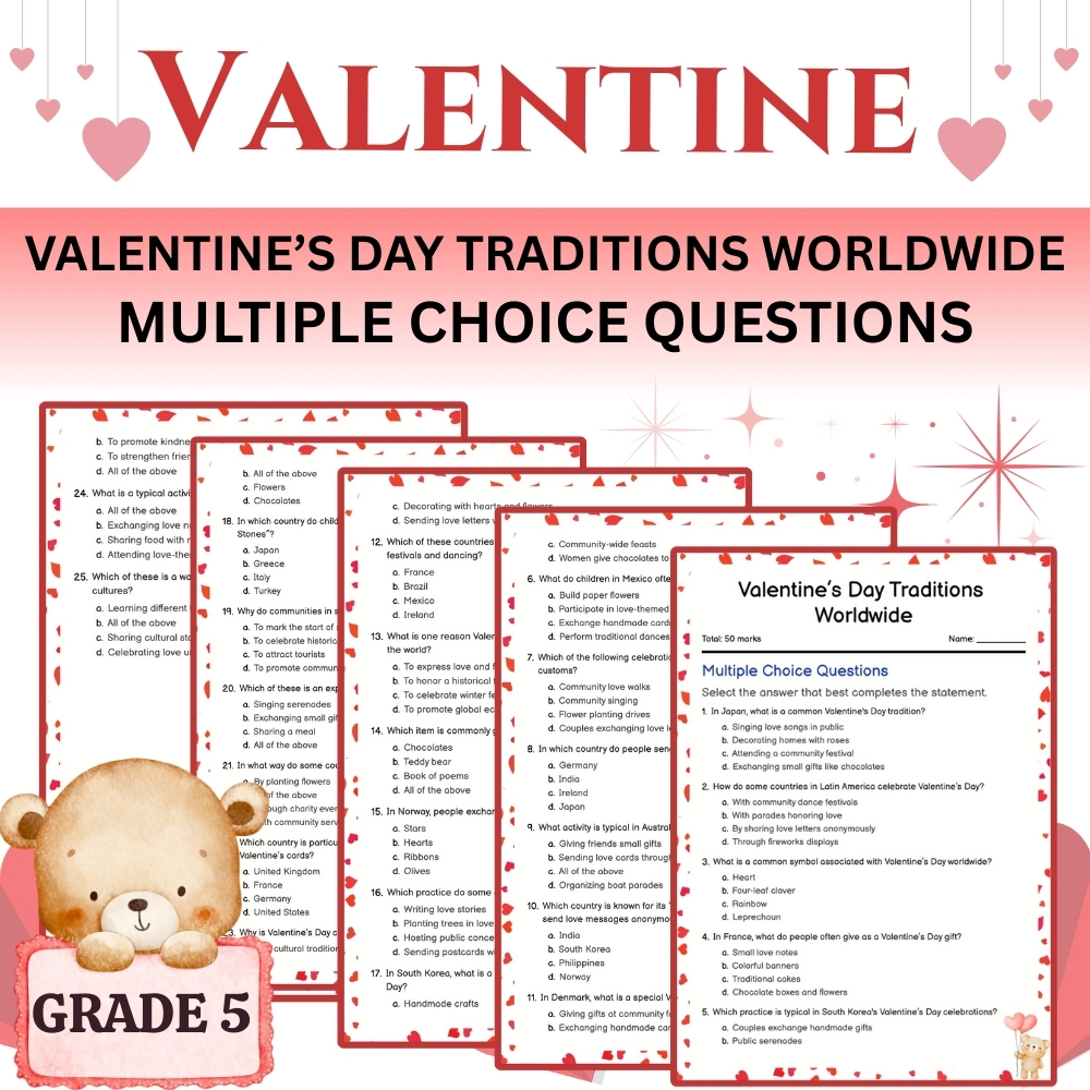 Grade 5 Seasonal Holidays | Valentine’s Day Traditions Worldwide Worksheet (Answer Key)