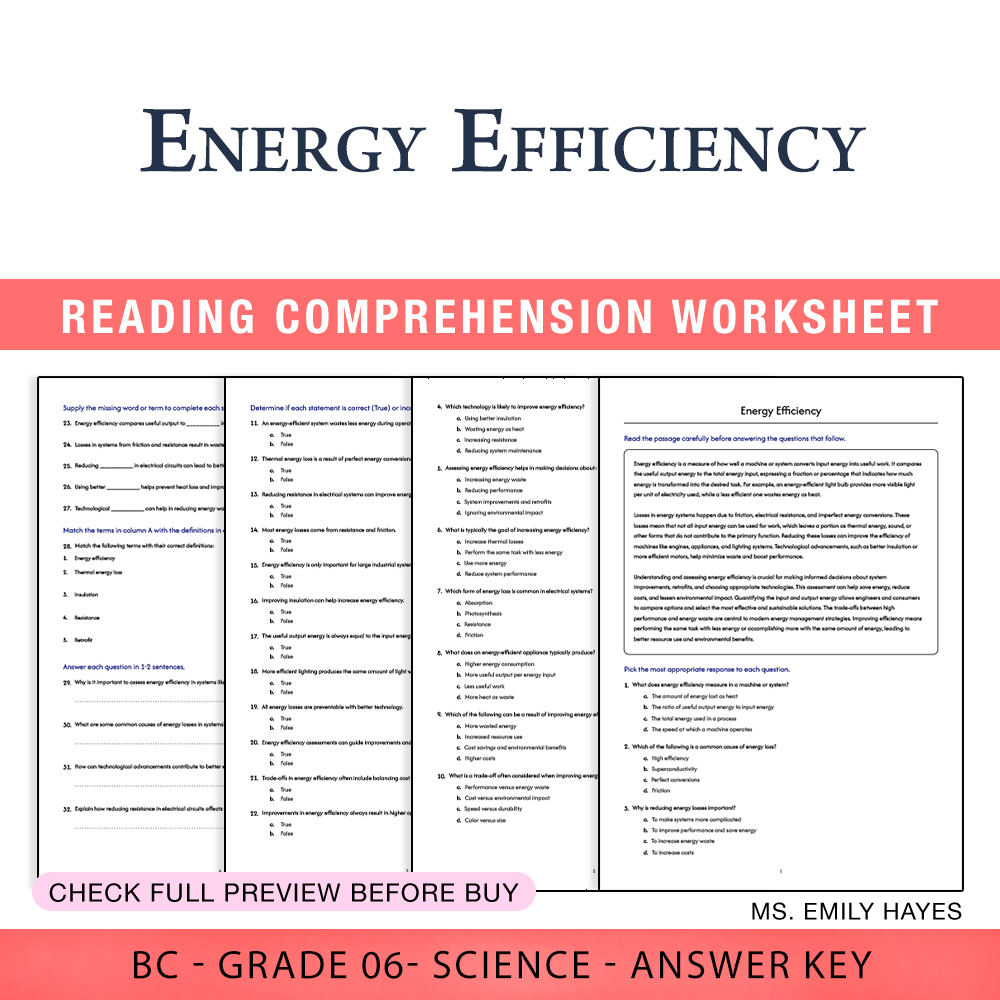 Grade 6 Science worksheet worksheet — Grade 6 Science | Energy Efficiency Worksheet (PDF+ Answer Key) — page 1