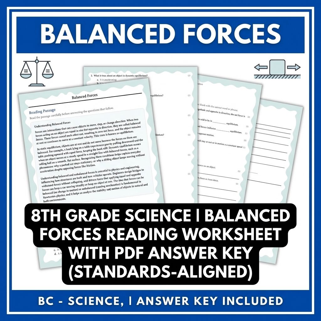 8th Grade Science | Balanced Forces Reading Worksheet with PDF Answer Key