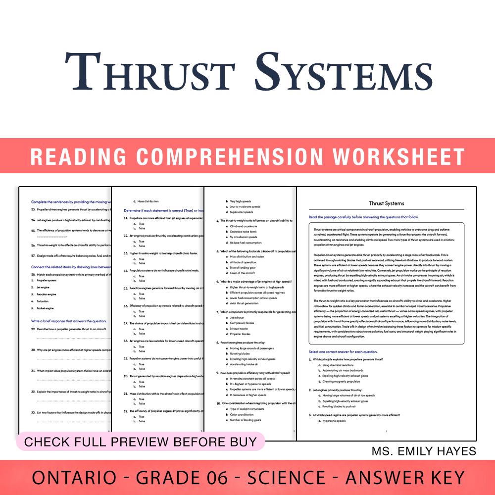 Grade 6 Science worksheet worksheet — 6th Grade Science | Thrust Systems Worksheet (PDF + Answer Key) — page 1