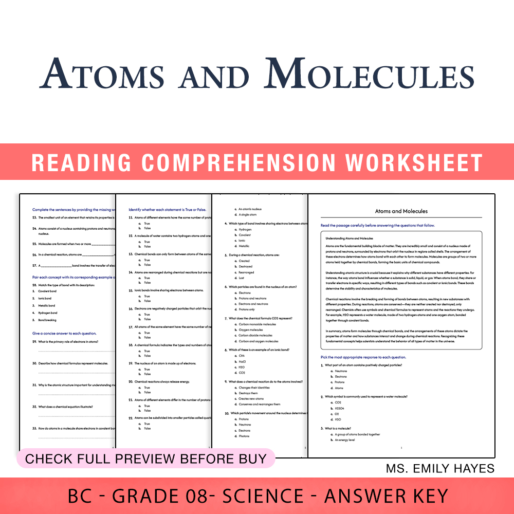 Grade 8 Science worksheet worksheet — Grade 8 Science | Atoms and Molecules Worksheet (PDF+ Answer Key) — page 1