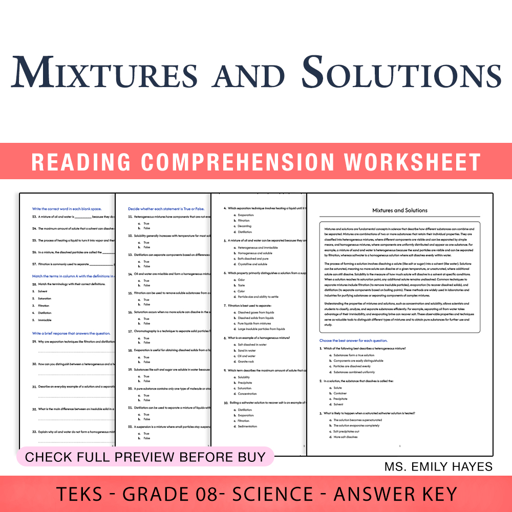 Grade 8 Science worksheet worksheet — 8th Grade Science | Mixtures and Solutions Worksheet & Answer Key (PDF) — page 1