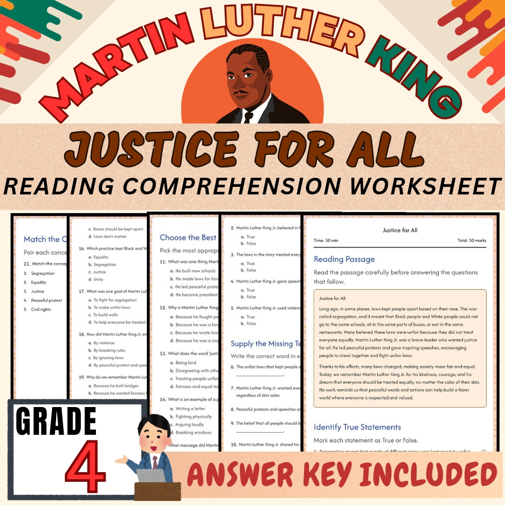 Grade 4 | Martin Luther King Holiday Worksheet for Mastery | PDF + Answer Key
