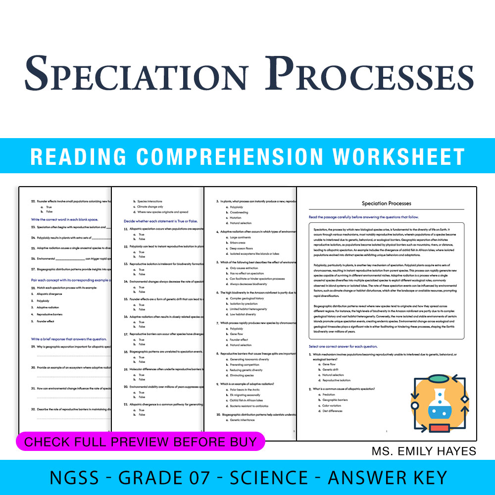 Grade 7 Science worksheet worksheet — 7th Grade Science | Speciation Processes Worksheet (PDF + Answer Key) — page 1