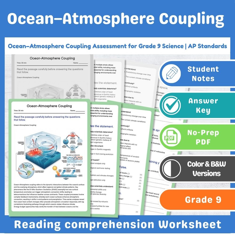 Grade 9 Science assessment worksheet — Ocean–Atmosphere Coupling Assessment for Grade 9 Science | AP Standards — page 1