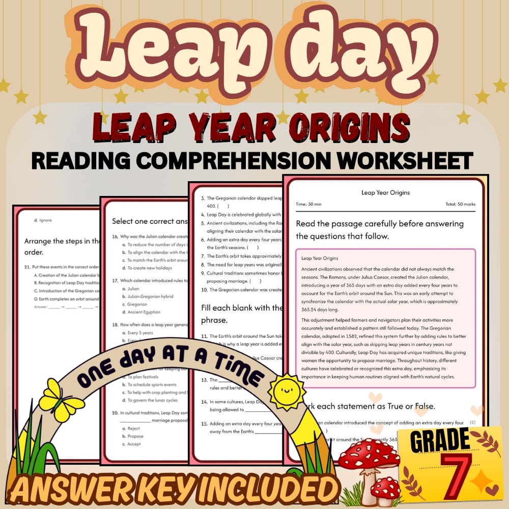 Grade 7 Holiday | Leap Year Origins Worksheet for Mastery | PDF + Answer Key