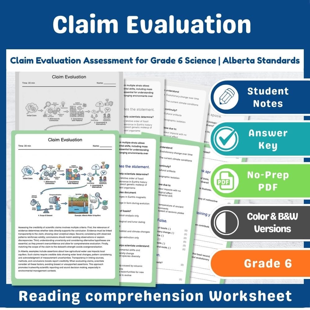 Grade 6 Science assessment worksheet — Claim Evaluation Assessment for Grade 6 Science | Alberta Standards — page 1