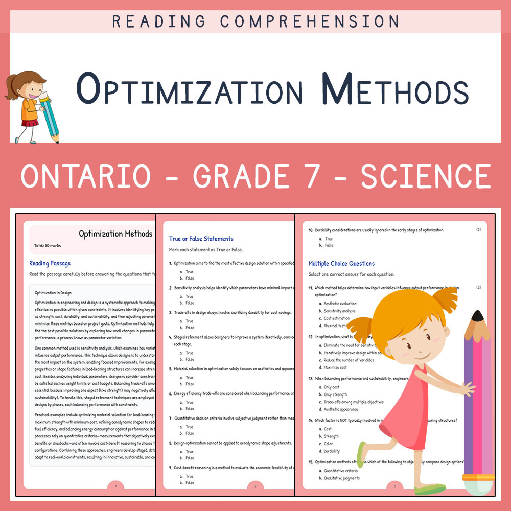 Grade 7 Science worksheet elena worksheet — Grade 7 Science Assessment | Optimization Methods Worksheet | Ontario — page 1