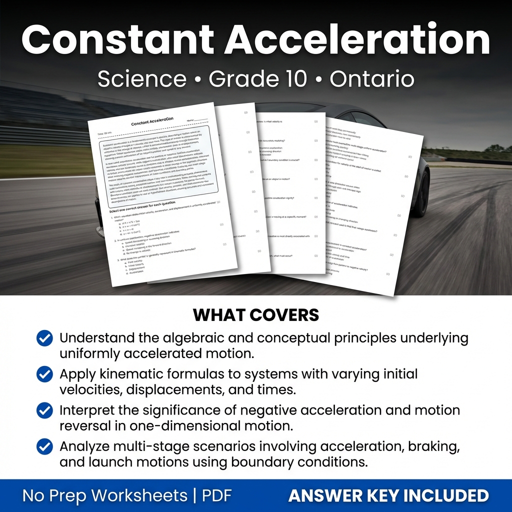 Constant Acceleration Worksheet for Grade 10 Science – Ontario Standards