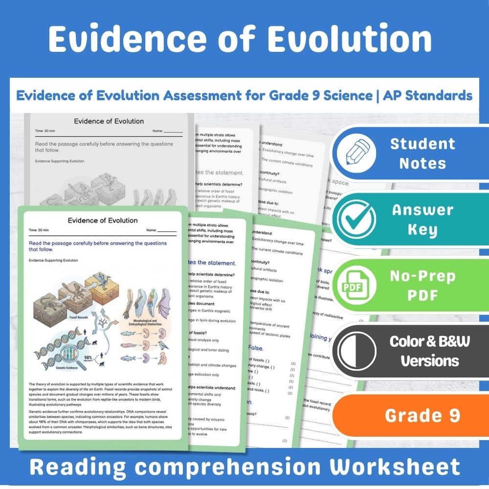 Grade 9 Science assessment worksheet — Evidence of Evolution Assessment for Grade 9 Science | AP Standards — page 1