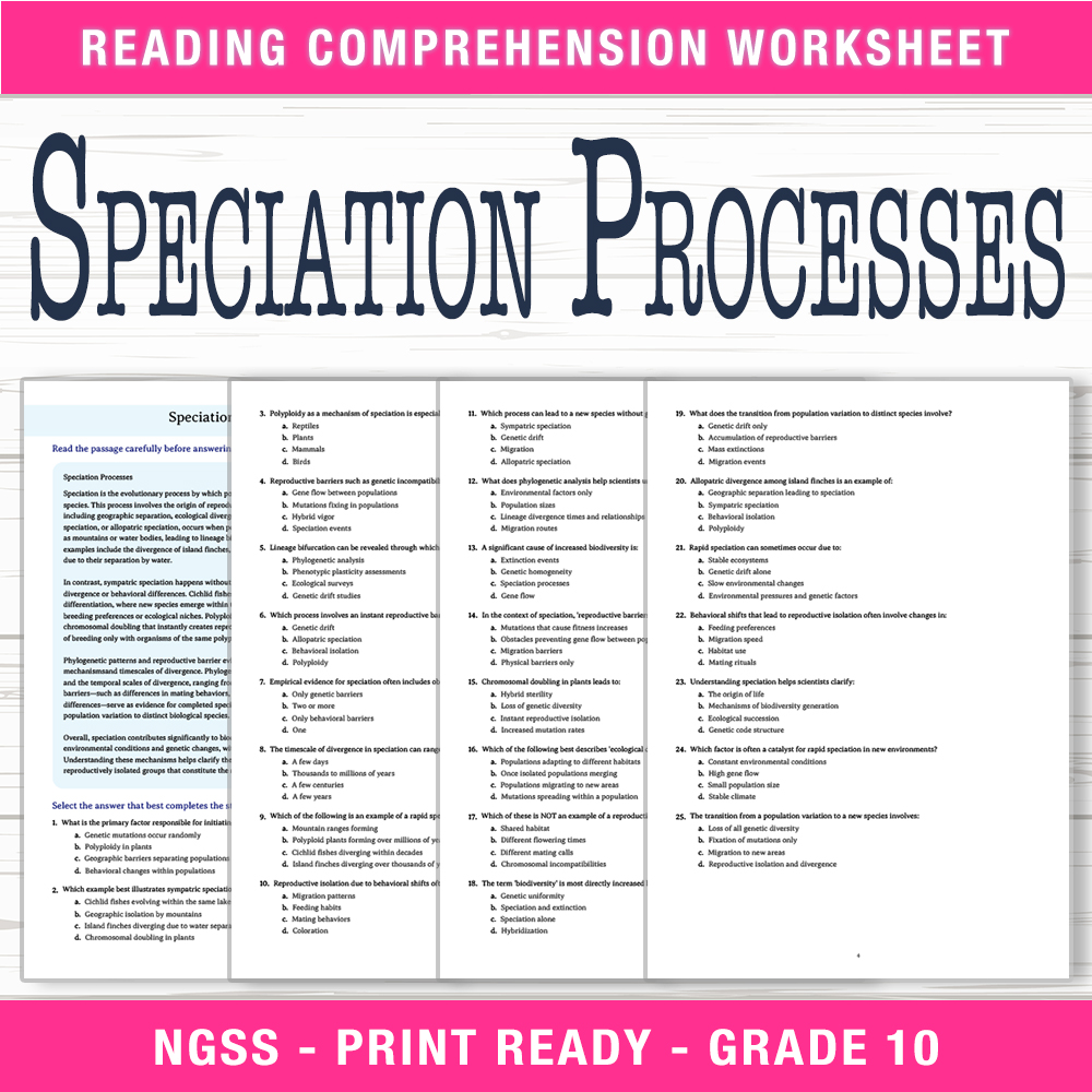 Grade 10 Science worksheet worksheet — Grade 10 Science – Speciation Processes Worksheet (PDF + Answer Key) — page 1