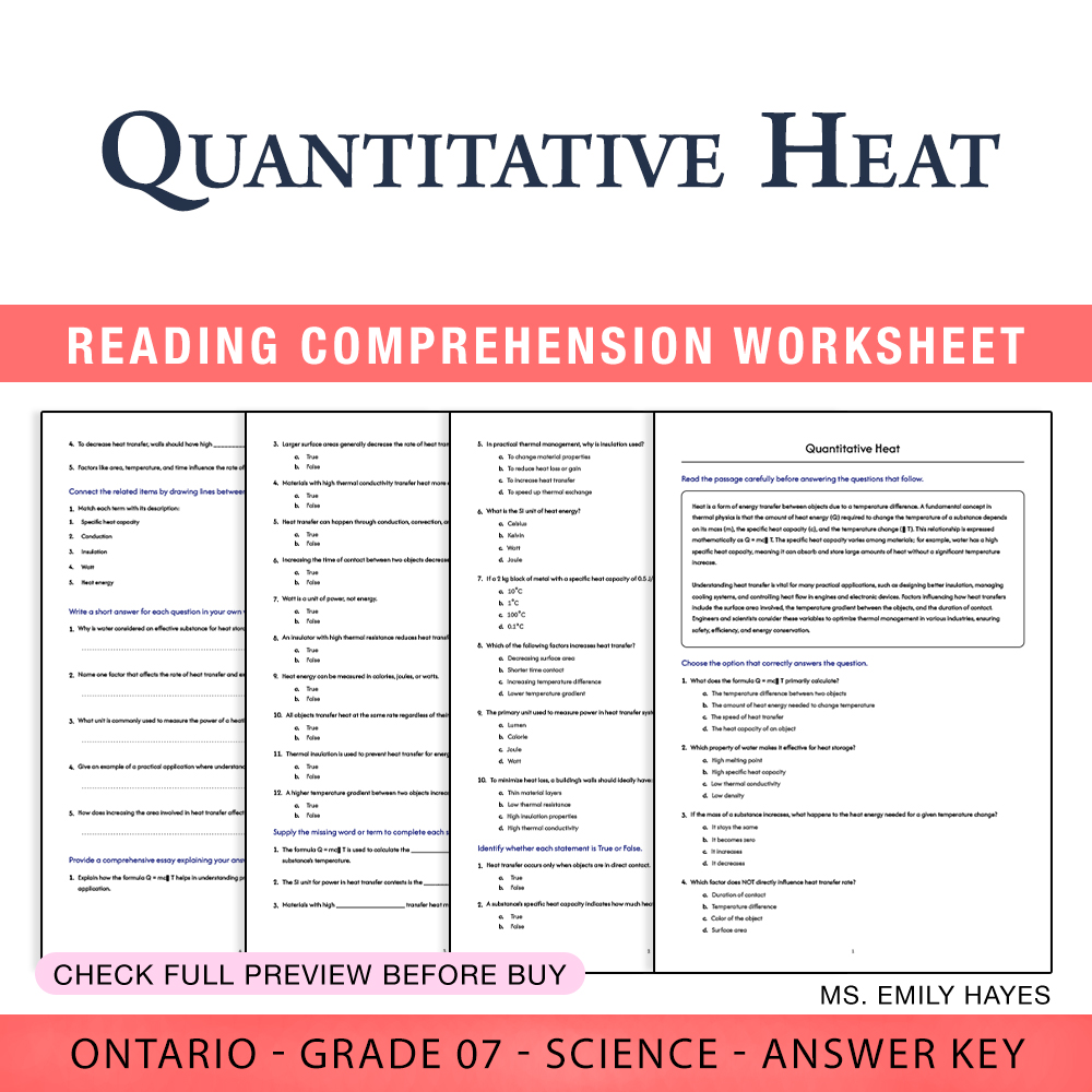 Grade 7 Science — worksheet — Grade 7 Science | Quantitative Heat Worksheet (PDF+ Answer Key) — page 1