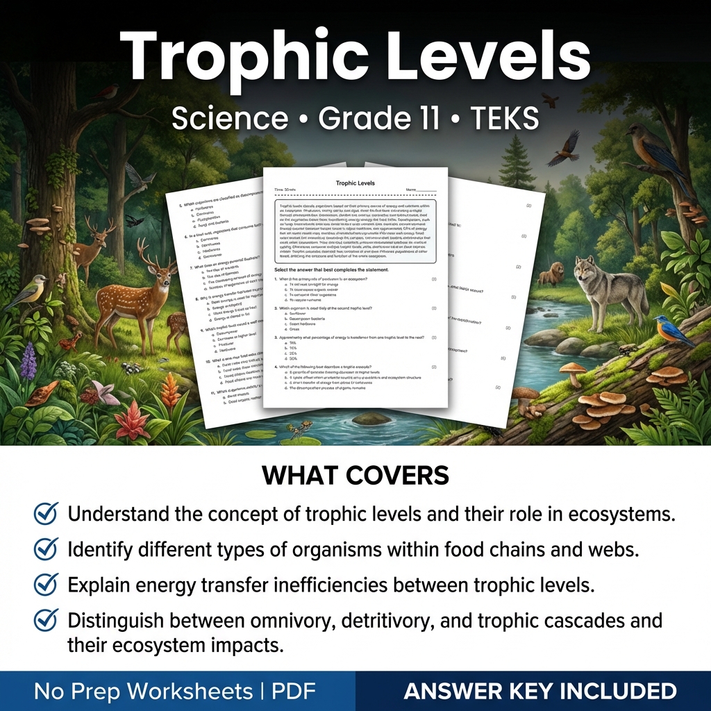 Trophic Levels Worksheet for Grade 11 Science | TEKS-Aligned Practice