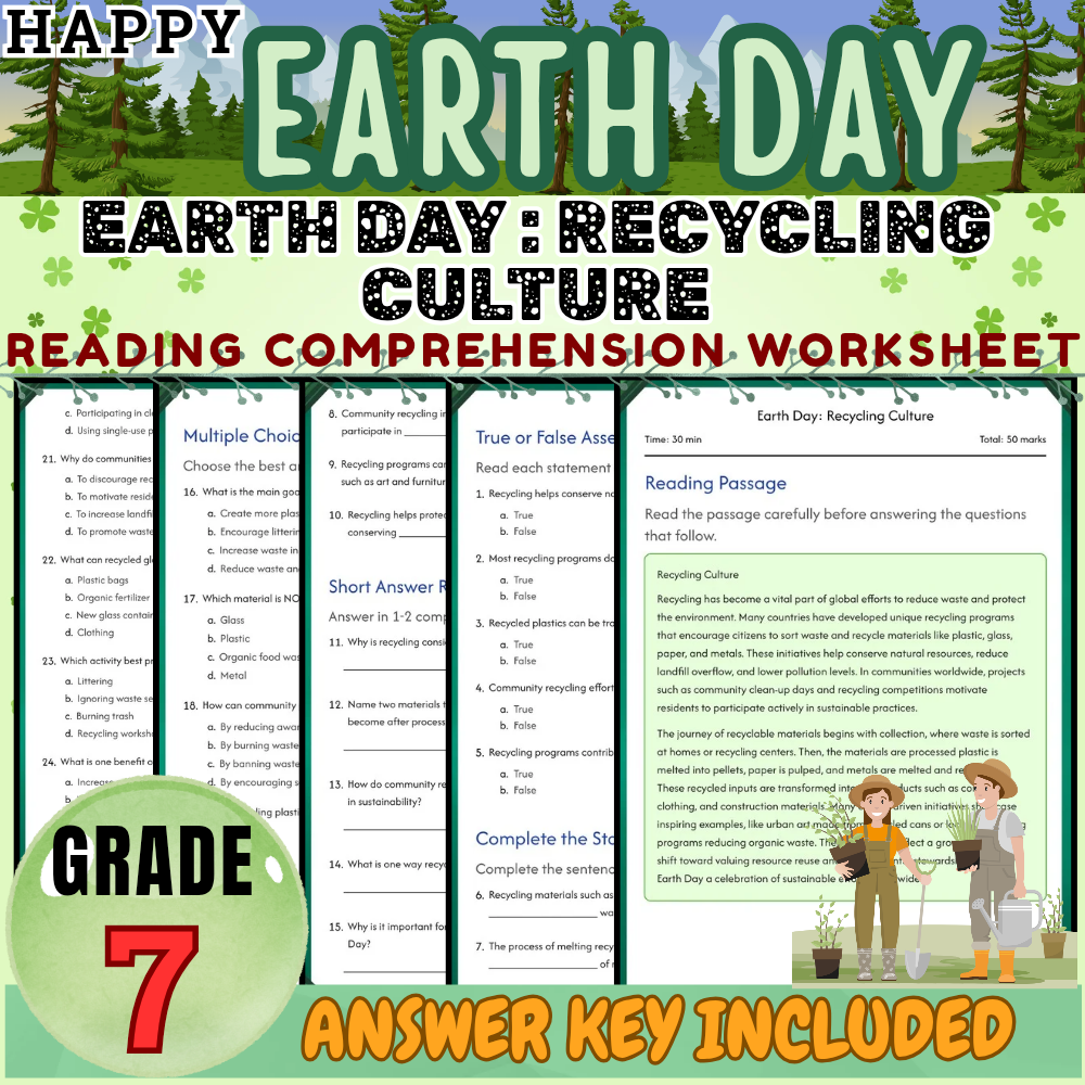 Grade 7 Seasonal Bundle|Earth Day & Sustainability Worksheets (PDF + Answer Key) — included worksheet 3