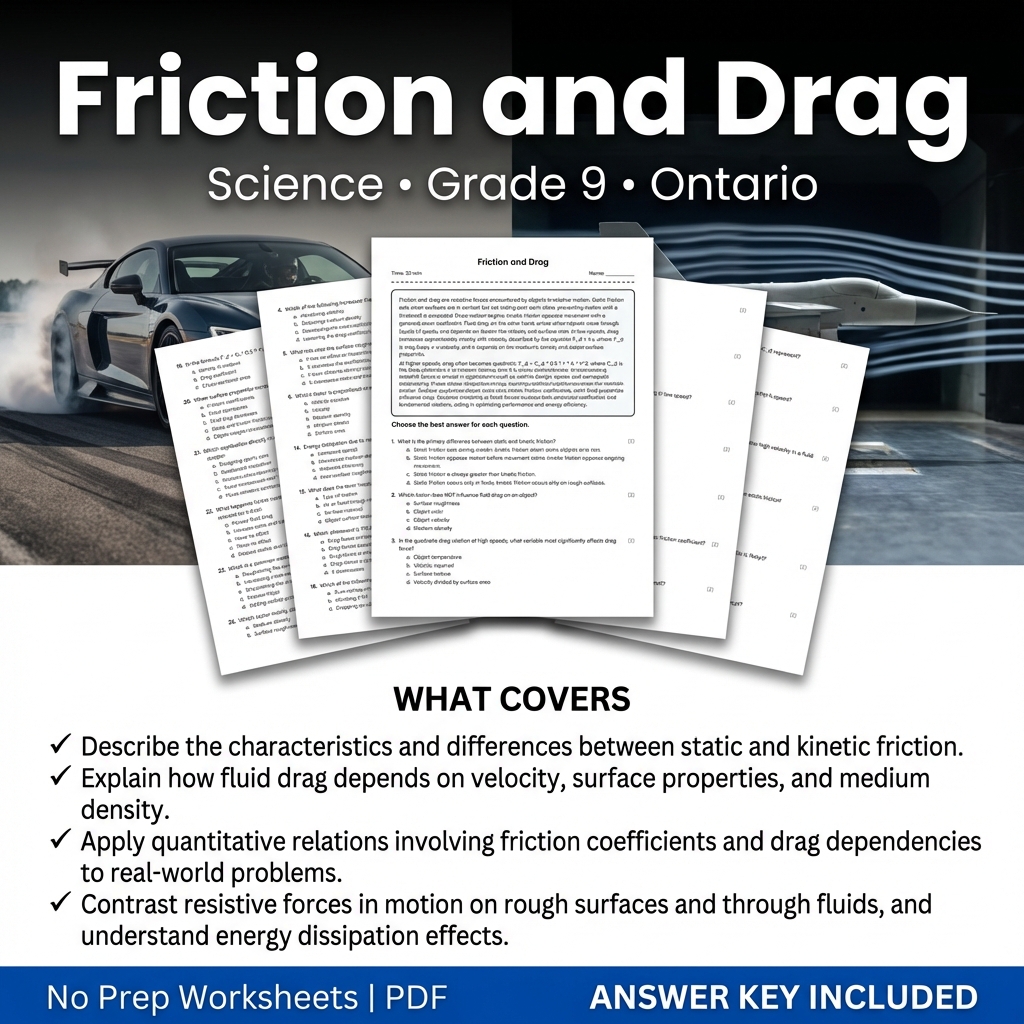 Grade 9 Science worksheet — Friction and Drag Worksheet for Grade 9 Science – Ontario Standard
