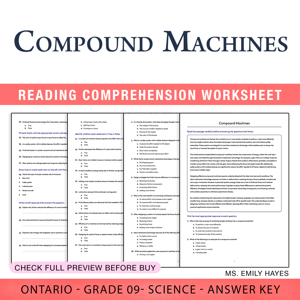 Grade 9 Science worksheet worksheet — 9th Grade Science | Compound Machines Worksheet (PDF + Answer Key) — page 1