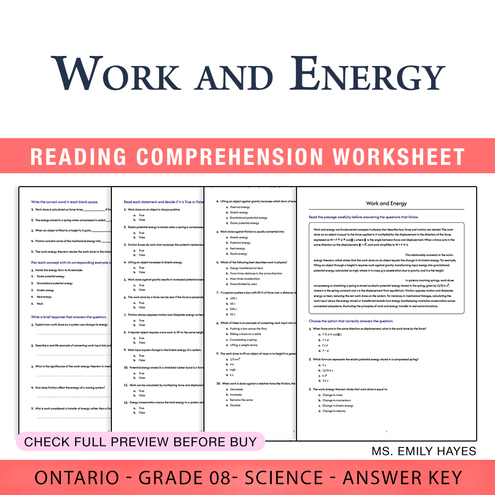 Grade 8 Science worksheet worksheet — Grade 8 Science | Work and Energy Worksheet (PDF + Answer Key) — page 1