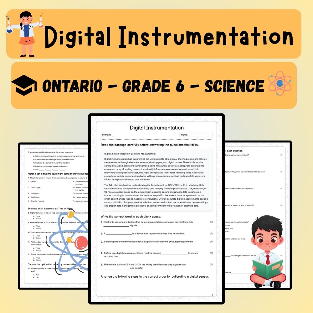 Grade 6 Science worksheet worksheet — Grade 6 Science | Digital Instrumentation Worksheet – Ontario Standards (PDF) — page 1