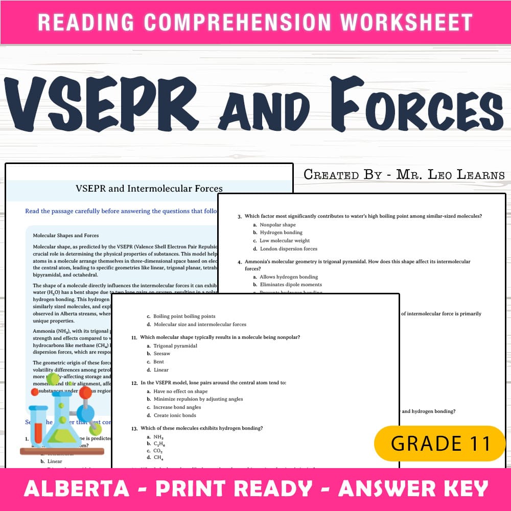 Grade 11 Science worksheet mcq paper worksheet — Grade 11 Science —  VSEPR and Intermolecular Forces — page 1