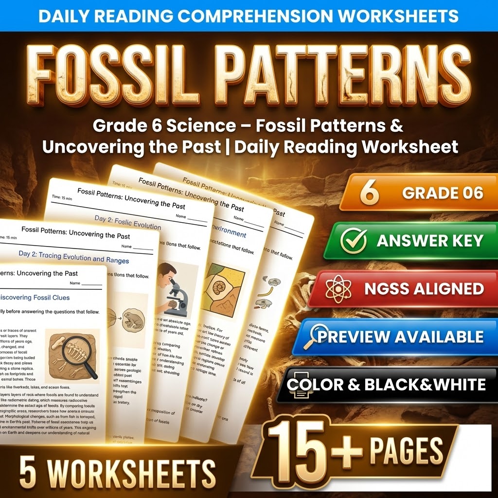 Grade 6 Science daily reading worksheet — Grade 6 Science – Fossil Patterns & Uncovering the Past | Daily Reading