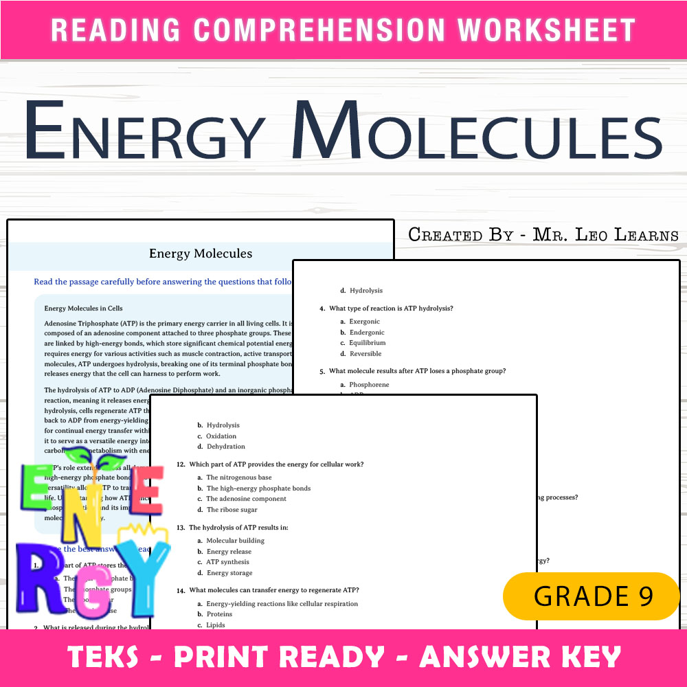 Grade 9 Science worksheet worksheet — Grade 9 Science — Energy Molecules Worksheet for Mastery — page 1