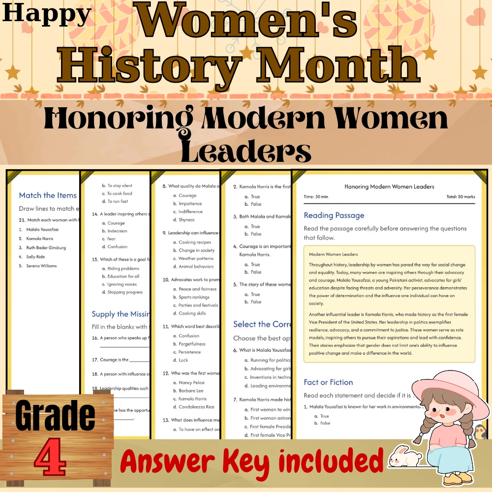 Grade 4  Honoring Modern Women Leaders Worksheet for Mastery | PDF + Answer Key