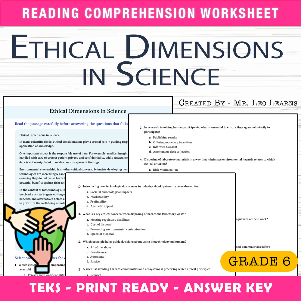 Grade 6 Science worksheet worksheet — Grade 6 Science — Ethical Dimensions in Science Worksheet for TEKS — page 1