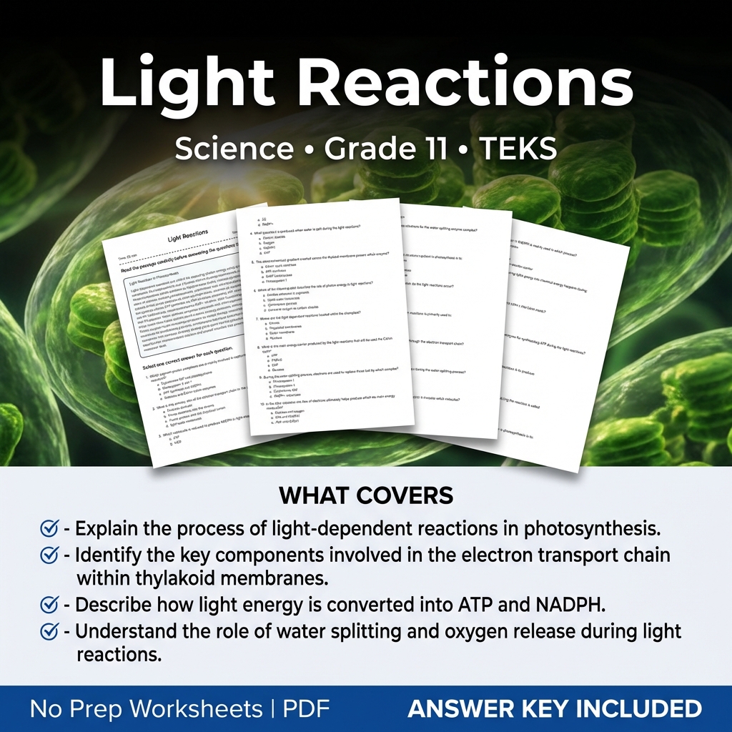 Light Reactions Worksheet for Grade 11 Science | TEKS Aligned Practice