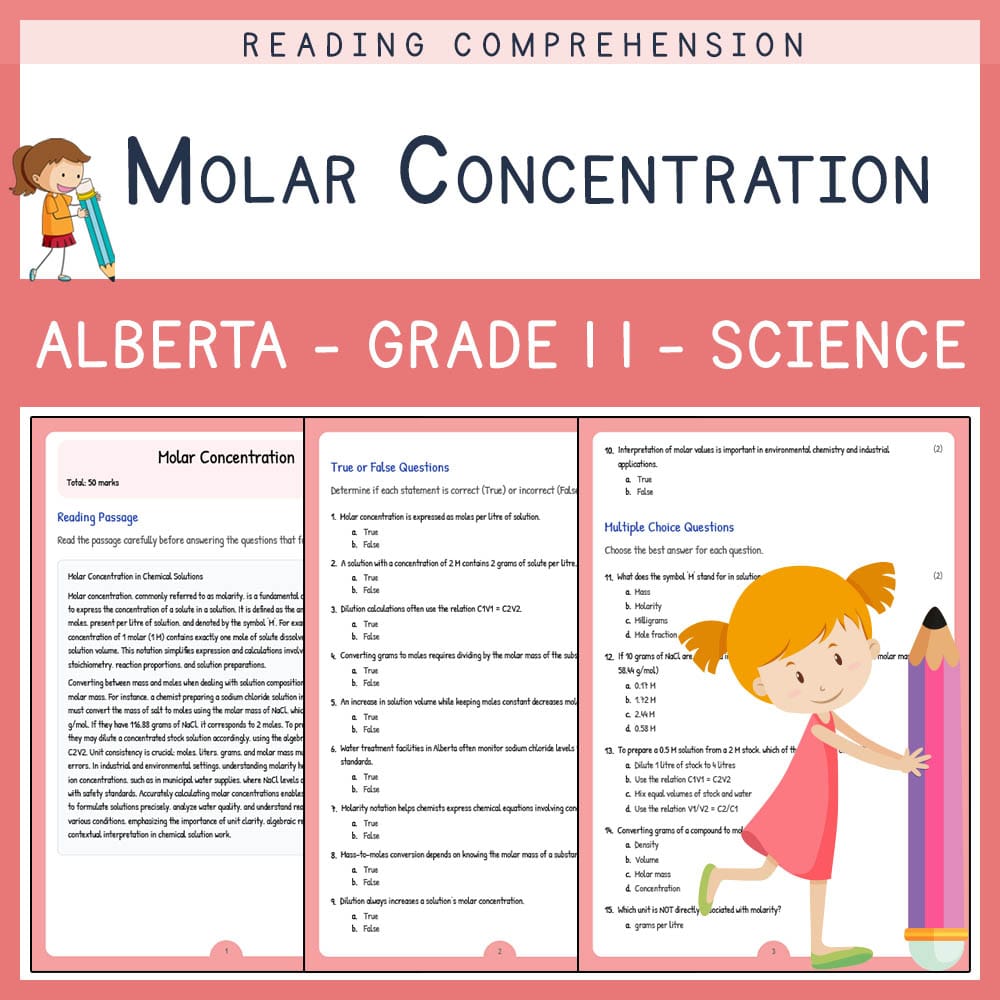 Grade 11 Science worksheet elena worksheet — Grade 11 Science | Molar Concentration Worksheet | Alberta Standards — page 1