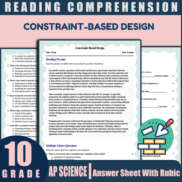 Grade 10 Science reading worksheets worksheet — Grade 10 Science | Constraint-Based Design Reading Worksheet (PDF + Rubric…