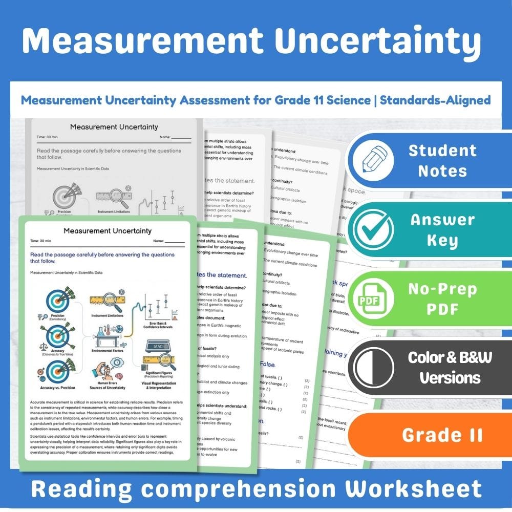 Grade 11 Science assessment worksheet — Measurement Uncertainty Assessment for Grade 11 Science | Standards-Aligned — page 1