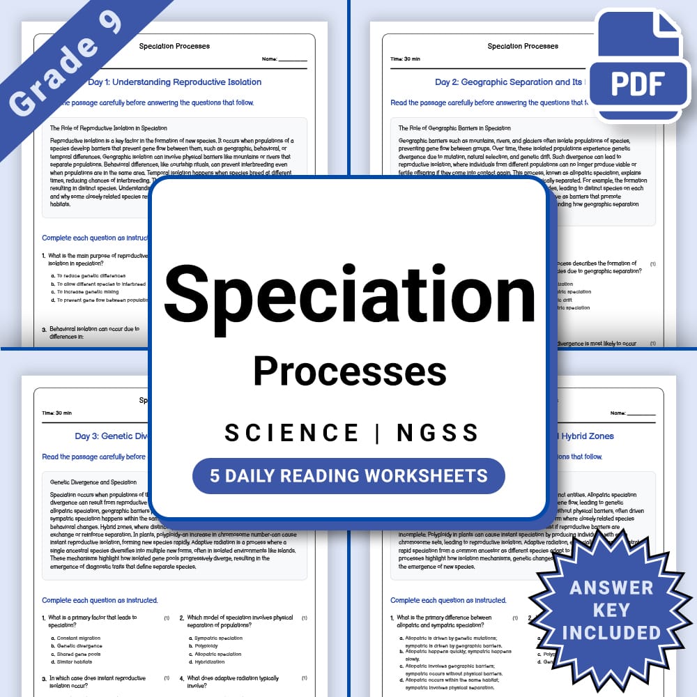 Grade 9 Science daily reading worksheet worksheet — Grade 9 Science – Speciation Processes Worksheet(PDF + Answer Key) — p…