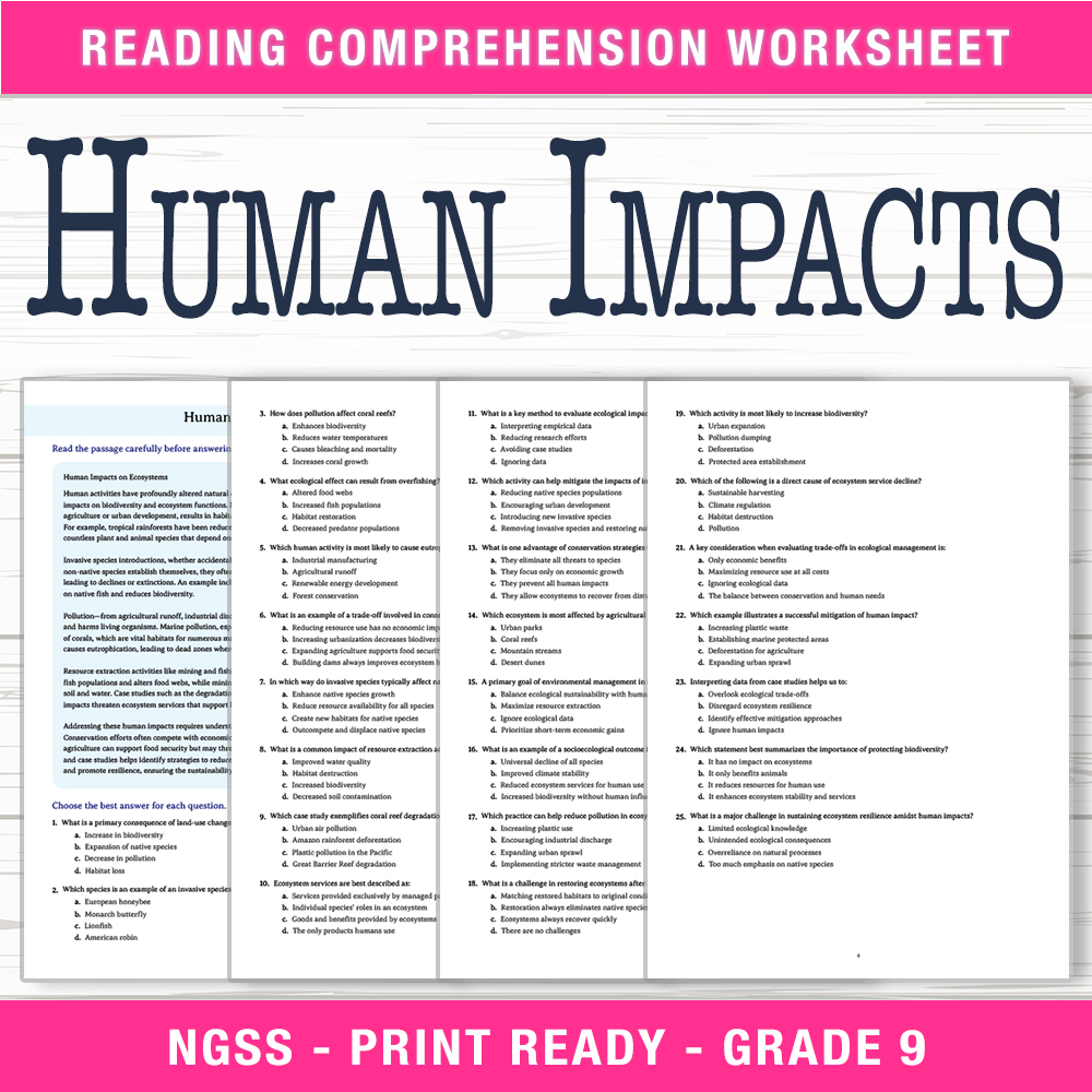 Grade 9 Science worksheet worksheet — Grade 9 Science | Human Impacts Worksheet (PDF + Answer Key) — page 1