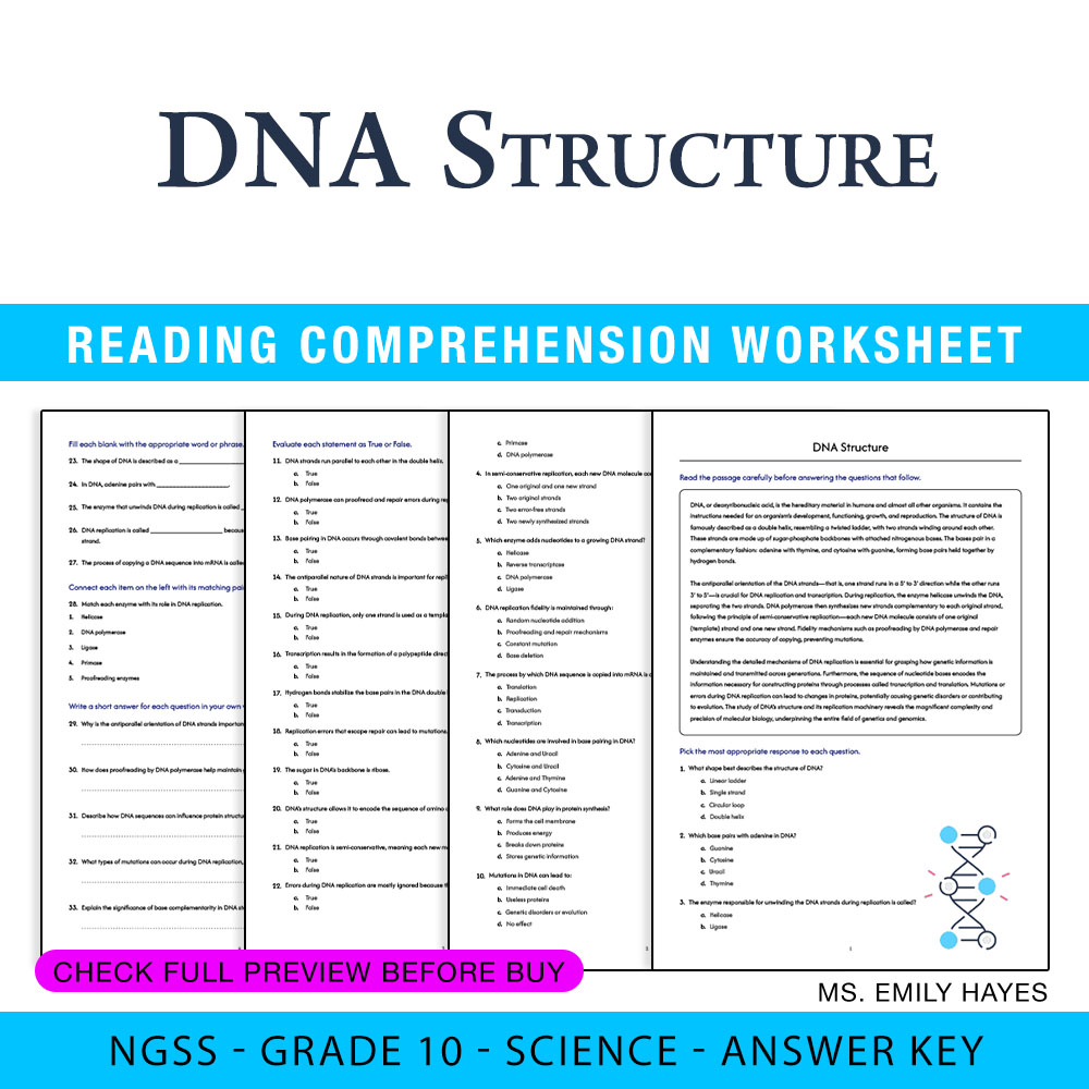Grade 10 Science worksheet worksheet — 10th Grade Science | DNA Structure Worksheet (PDF+ Answer Key) — page 1