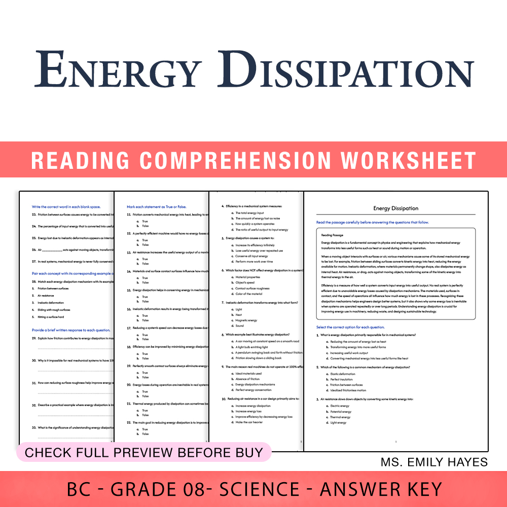 Grade 8 Science worksheet worksheet — Grade 8 Science | Energy Dissipation Worksheet (PDF+ Answer Key) — page 1
