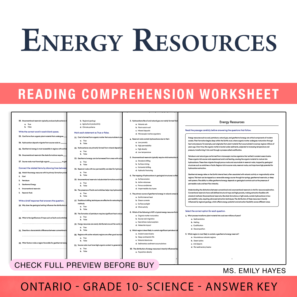 Grade 10 Science worksheet worksheet — Grade 10 Science | Energy Resources Worksheet (PDF + Answer Key) — page 1